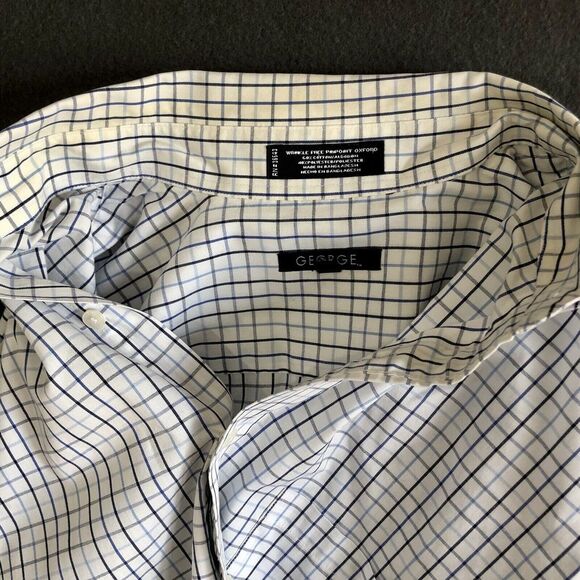 Button Up Dress Shirt Men's Sz L White Long Sleeve Blue Checkered George Western - Picture 10 of 13